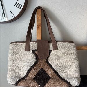 Brown and Cream Tote Bag made of wool and leather made in Ethiopia